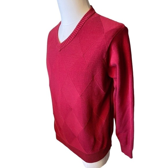 Oscar De La Renta Sweater Diamond Pattern Red Mens Large Cotton V Neck - Picture 2 of 7